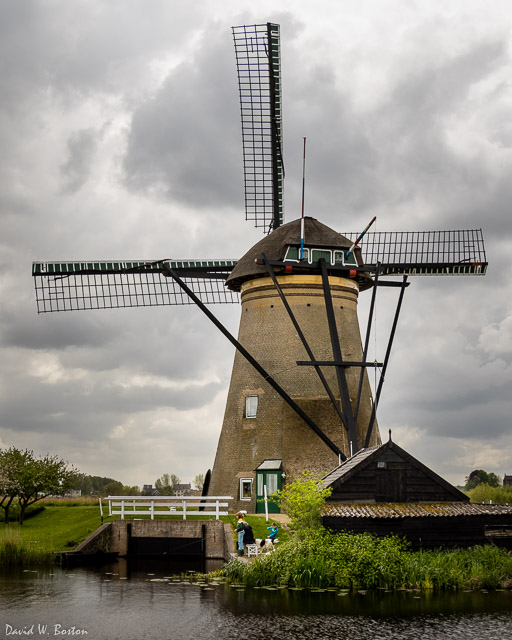 Children fishing at Windmill Nederwaard No.1 at Kinderdijk