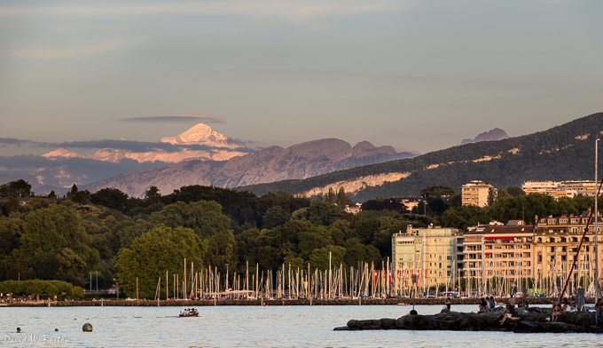Lake Geneva and Mont-Blanc in evening twilight
